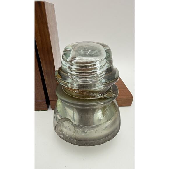 Clear Glass Insulator On Wood Bookends Very Heavy READ Vtg Lineman Electrician - Picture 14 of 14